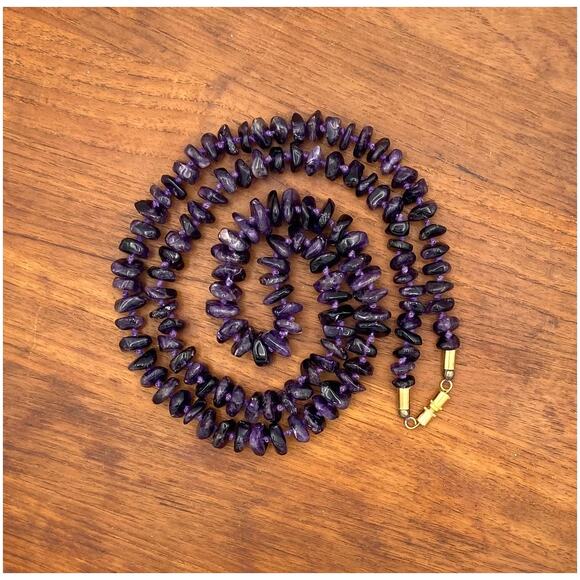 37" Genuine Amethyst Graduated Nugget Necklace Hand-Knotted Vintage Dark Boho - Picture 1 of 11